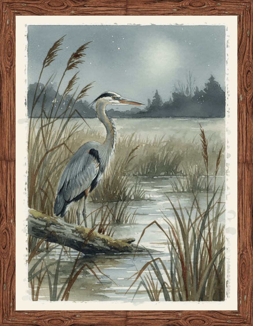 a great blue heron standing in the reeds