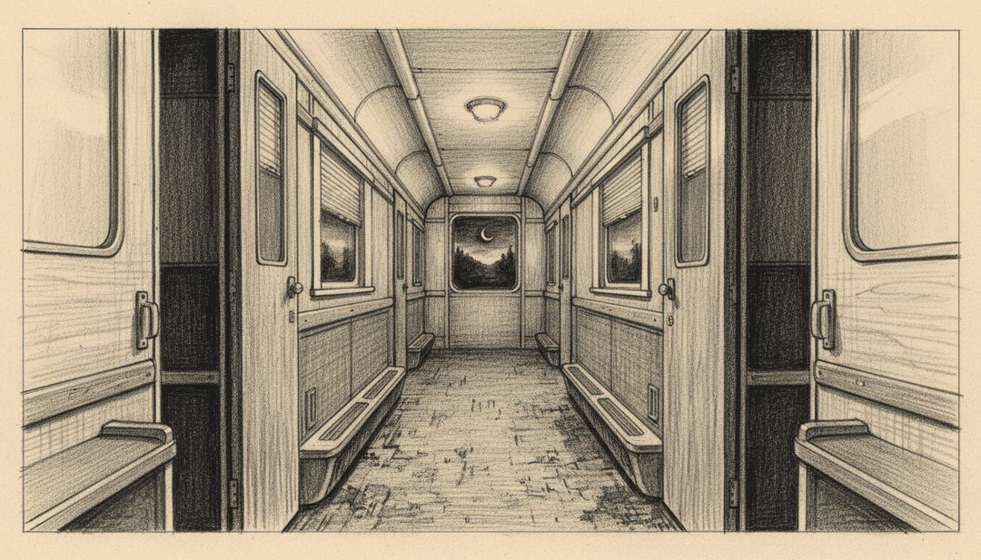 a sleeper train, the corridor at night