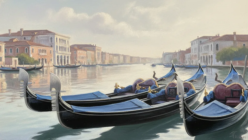 gondolas on a quiet venice canal in soft morning light, calm and serene