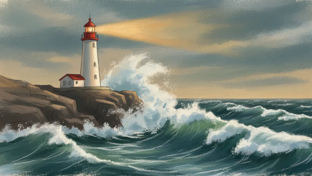 a lighthouse on a rocky cliff in a storm, huge waves crashing below, dramatic high contrast light