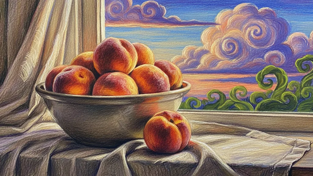 a bowl of ripe peaches on a linen cloth by a window
