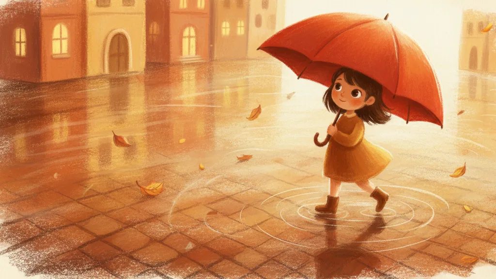 a girl with a red umbrella crossing a wet plaza