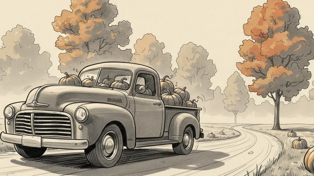 an old pickup truck full of pumpkins on a country road