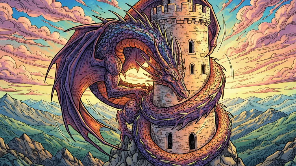 a dragon coiled around a mountaintop castle tower at sunset, dramatic and bold