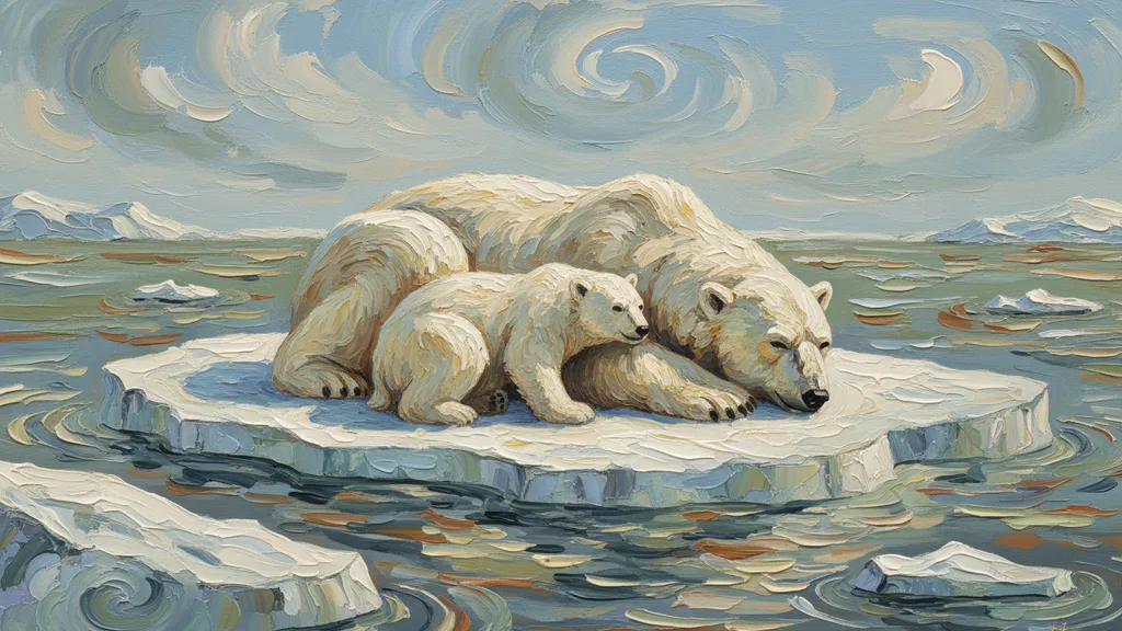 a polar bear and cub on drifting ice