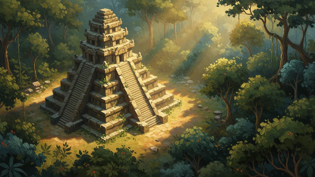 ancient temple ruins swallowed by jungle vines and shafts of light, mysterious