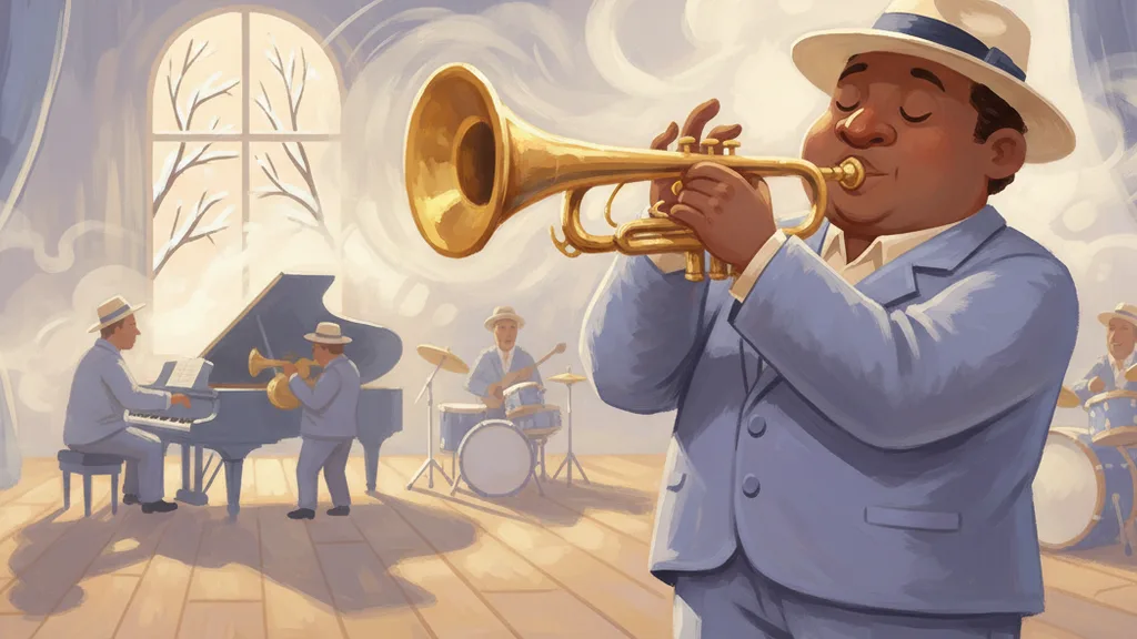 a jazz trumpeter mid-note on a smoky stage