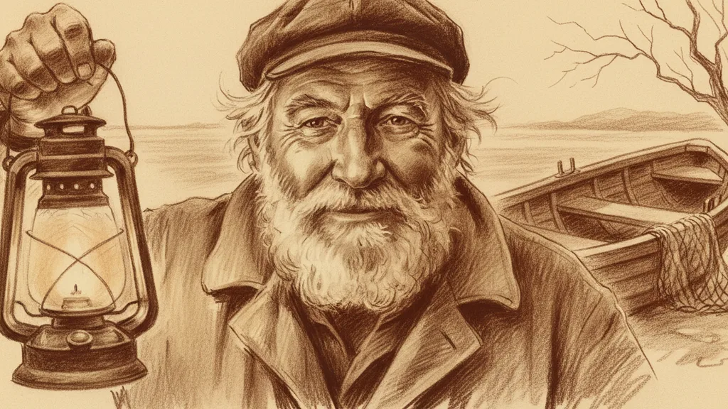 an old fisherman's weathered face, lit by a lantern