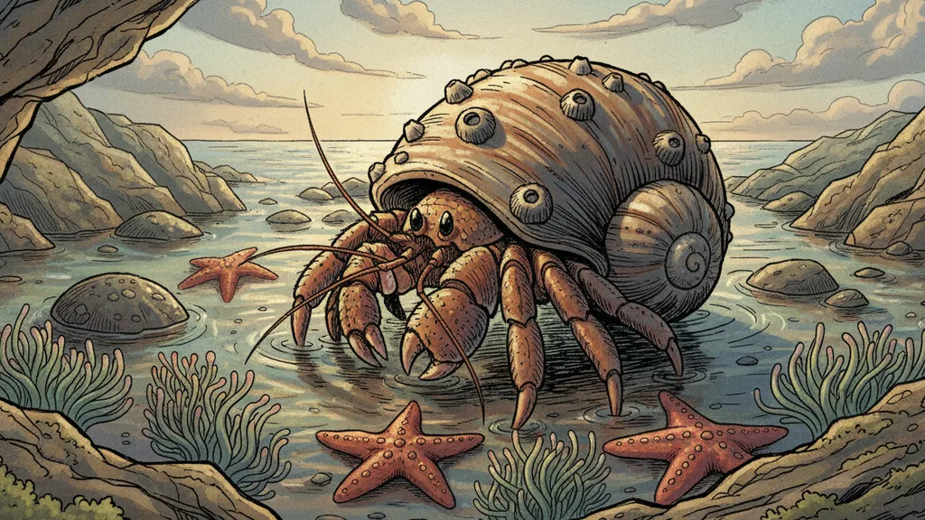 a tide pool with starfish, anemones, and a hermit crab