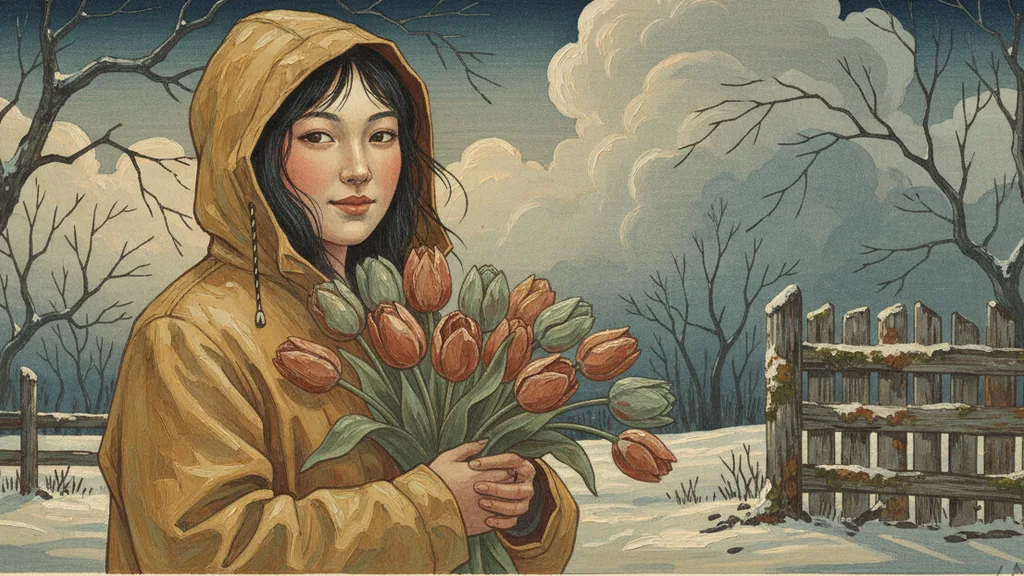 a woman in a yellow raincoat with a bouquet of tulips