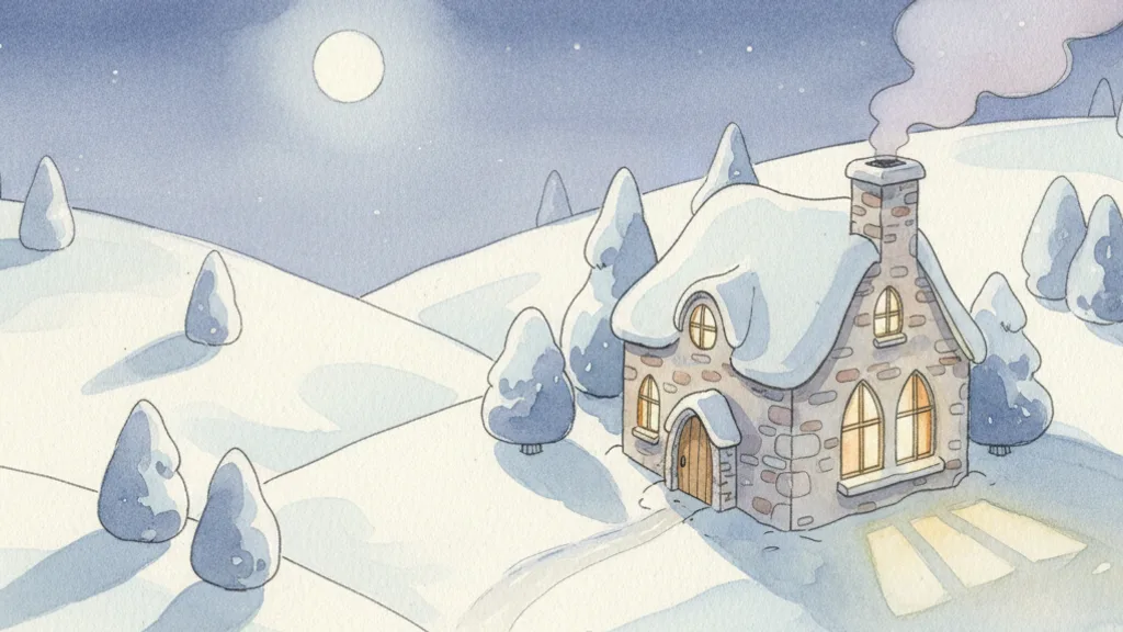 a stone cottage at dusk with warm glowing windows and chimney smoke, cozy and inviting