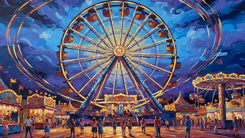 a ferris wheel and carnival at night with streaking lights, festive and playful