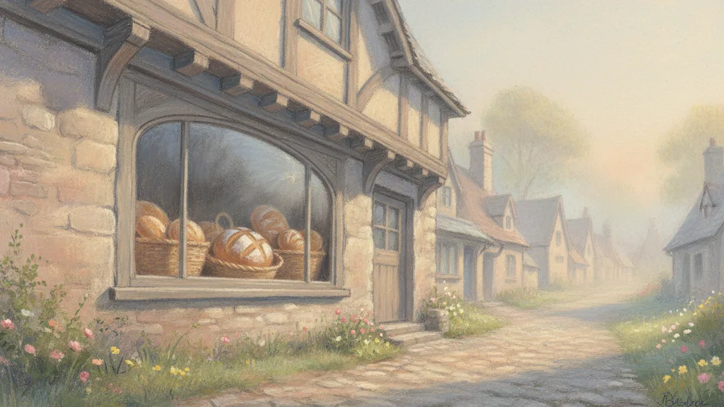 a sleepy village bakery at dawn, bread in the window
