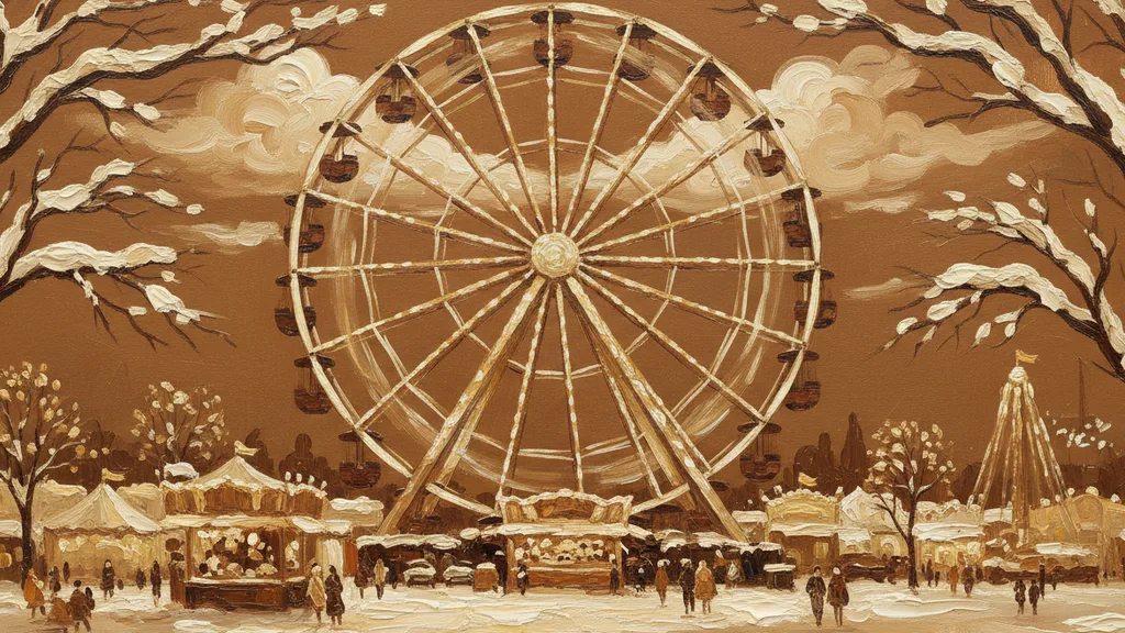 a ferris wheel and carnival at night with streaking lights, festive and playful