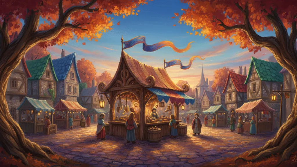 a medieval market square with banners in the wind
