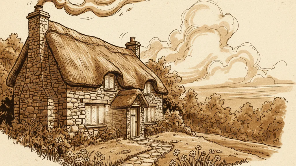 a stone cottage at dusk with warm glowing windows and chimney smoke, cozy and inviting