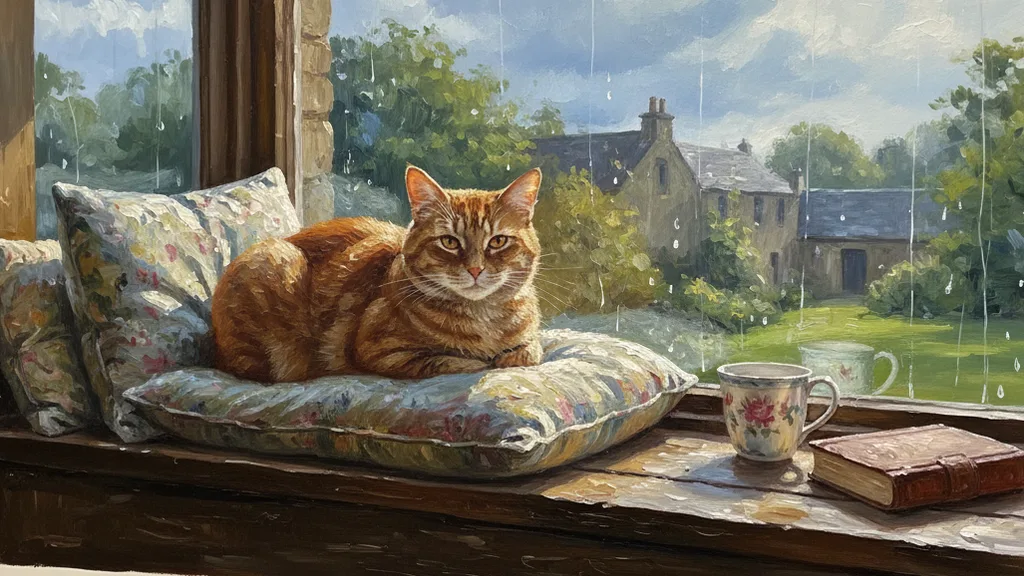 a cozy window seat with rain outside and a cat inside