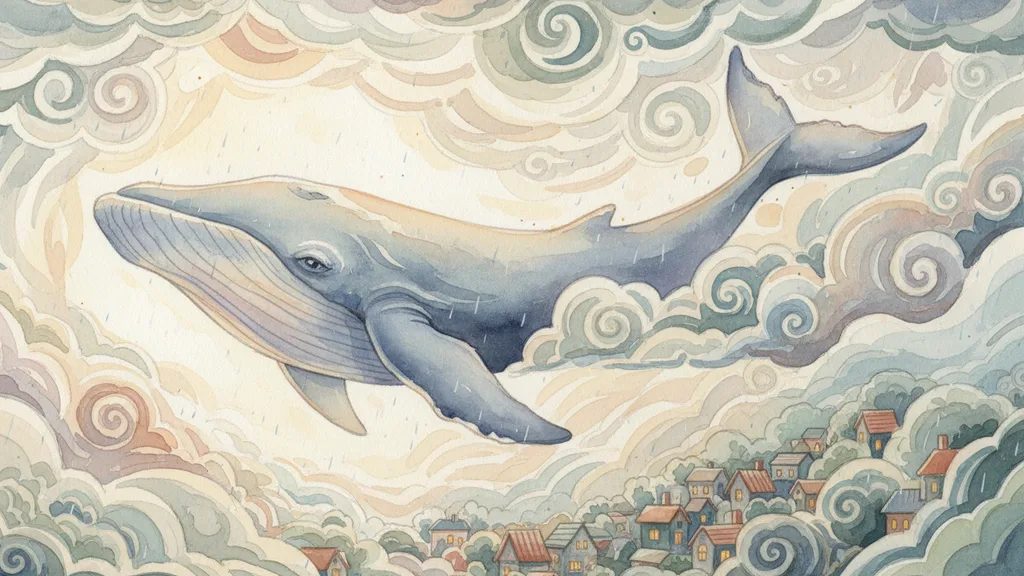 a whale swimming through clouds above a sleeping town, dreamlike and soft