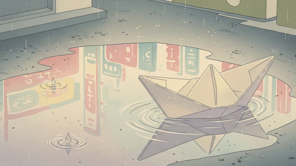 a paper boat on a rain puddle reflecting neon signs