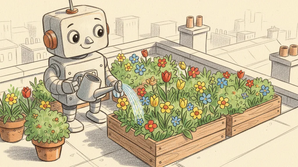 a friendly little robot watering a rooftop flower garden, cheerful and playful