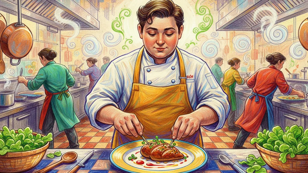 a chef plating a dish in a busy kitchen