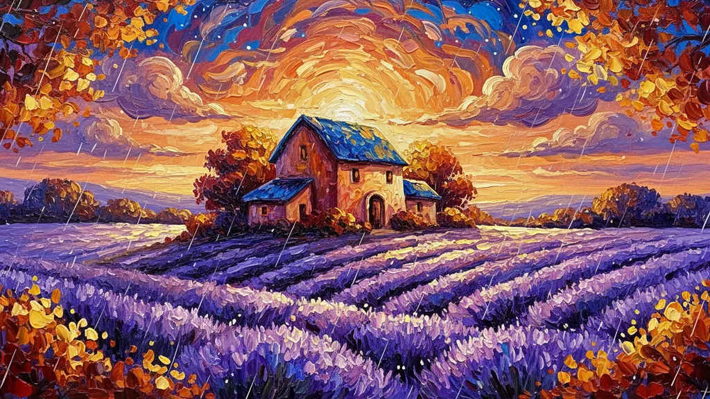 rolling lavender fields with a lone farmhouse under a big sky, peaceful