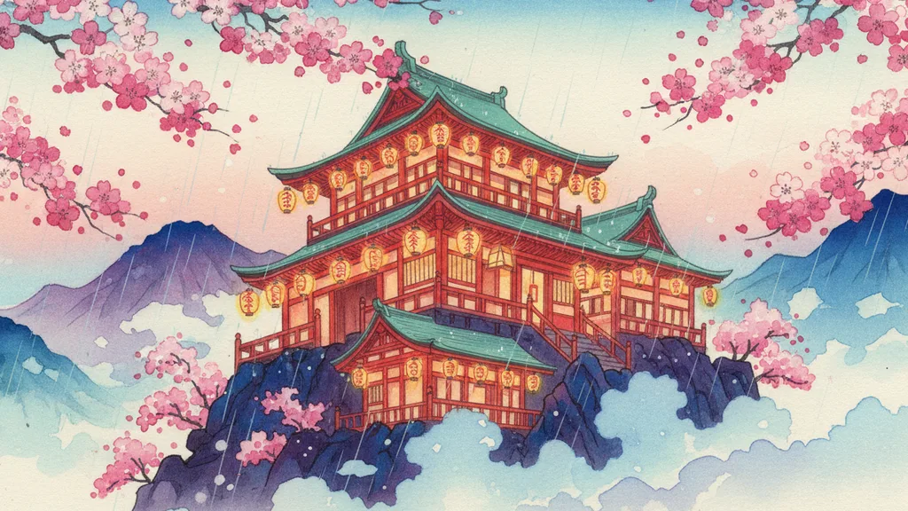 a tea house perched on a misty mountainside with glowing lanterns, warm and inviting