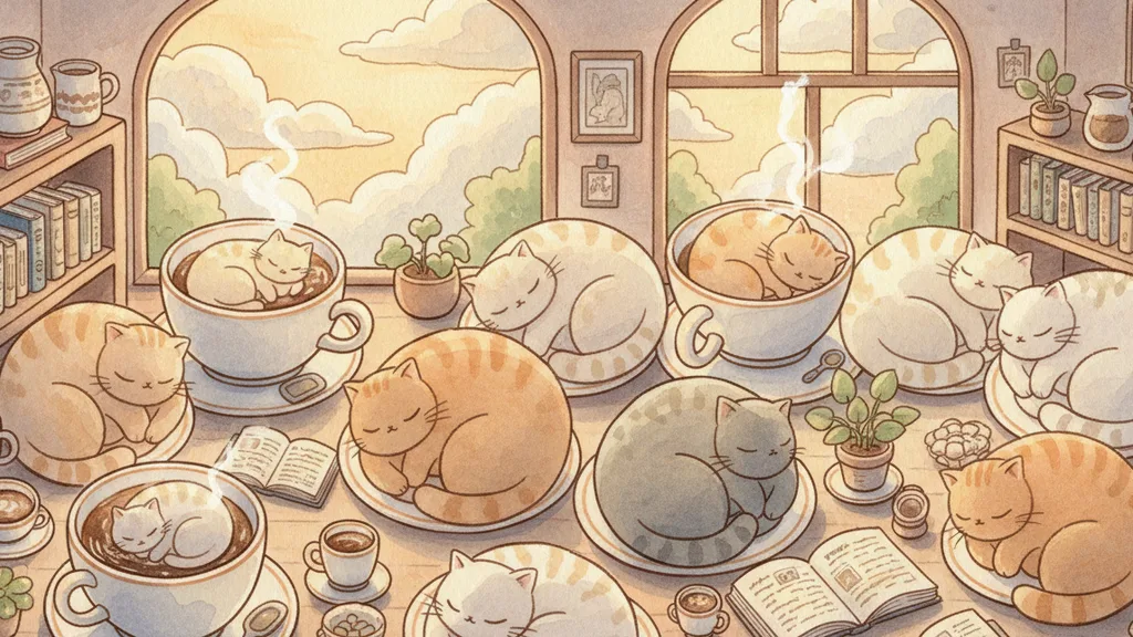 a tiny cafe full of sleeping cats among coffee cups and books, cozy and warm