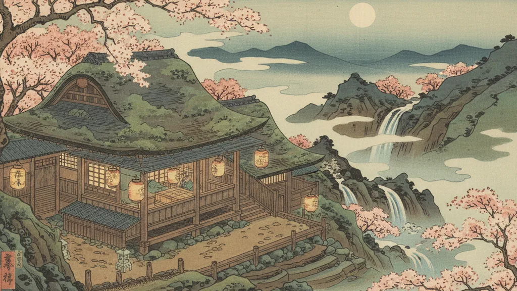 a tea house perched on a misty mountainside with glowing lanterns, warm and inviting