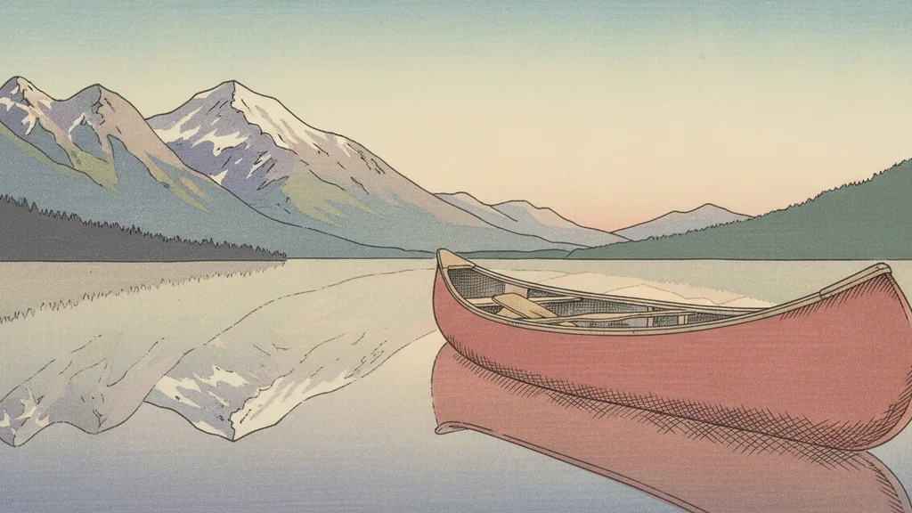 an alpine lake with a red canoe and mirrored peaks
