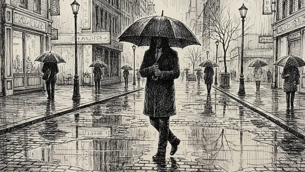 a rainy city street at night, umbrellas and neon reflections in puddles, moody
