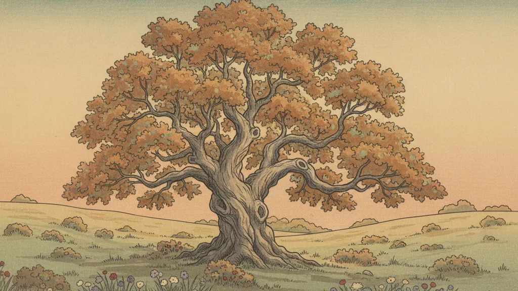 an ancient oak tree in a meadow at golden hour