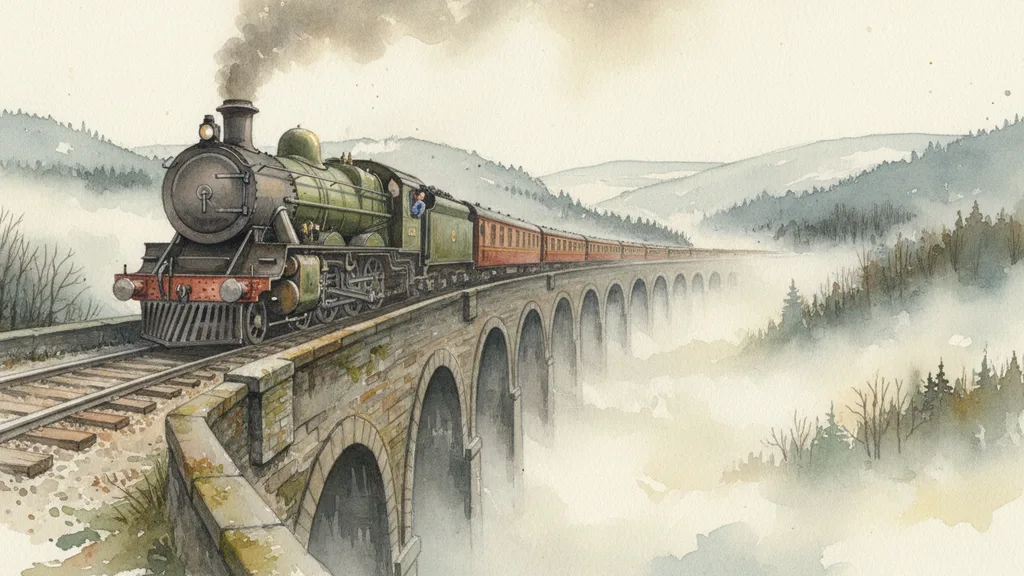 a steam locomotive crossing a stone viaduct in fog
