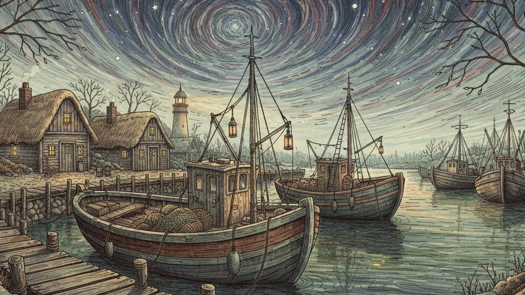 a small fishing harbor under a swirling starry night sky, dreamy and hazy