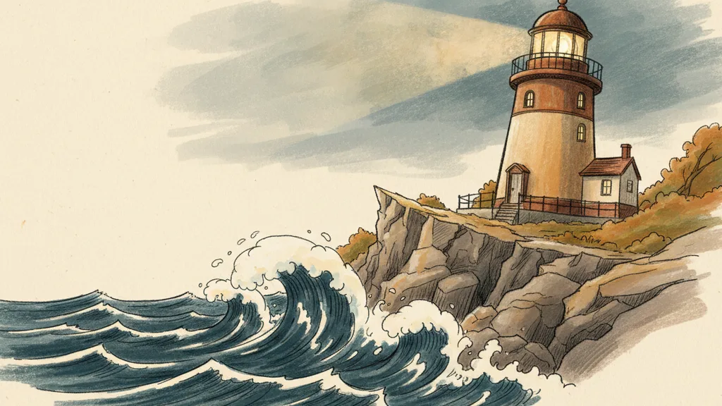 a lighthouse on a rocky cliff in a storm, huge waves crashing below, dramatic high contrast light