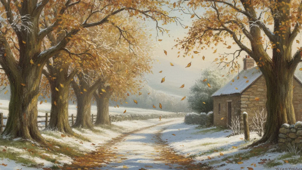 a quiet country lane under golden autumn trees, leaves drifting down, serene and still