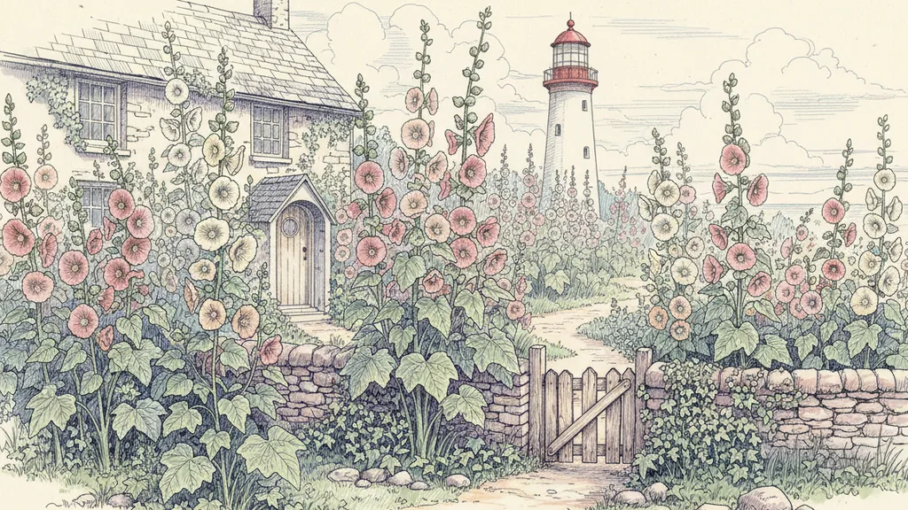 a lighthouse keeper's cottage garden full of hollyhocks