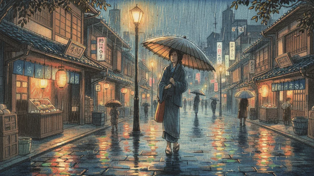 a rainy city street at night, umbrellas and neon reflections in puddles, moody