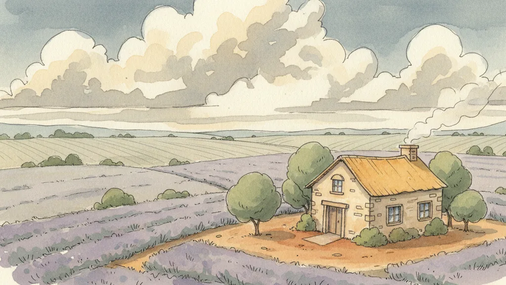 rolling lavender fields with a lone farmhouse under a big sky, peaceful