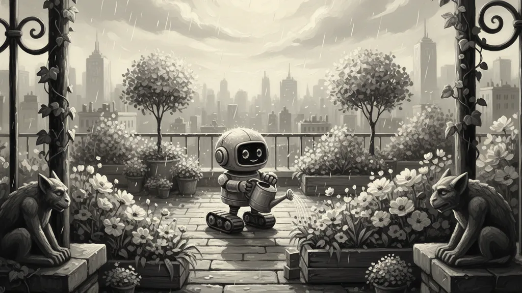a friendly little robot watering a rooftop flower garden, cheerful and playful