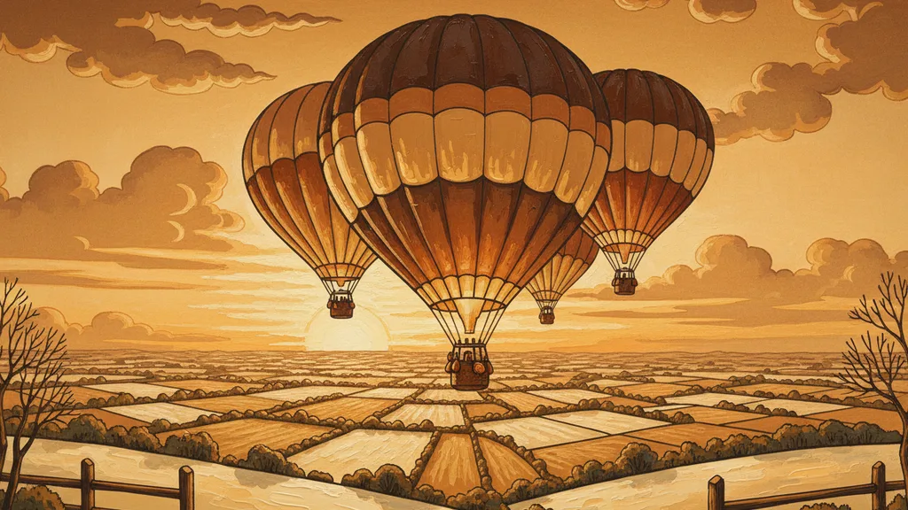 hot air balloons drifting over patchwork farmland at sunrise, playful and lighthearted