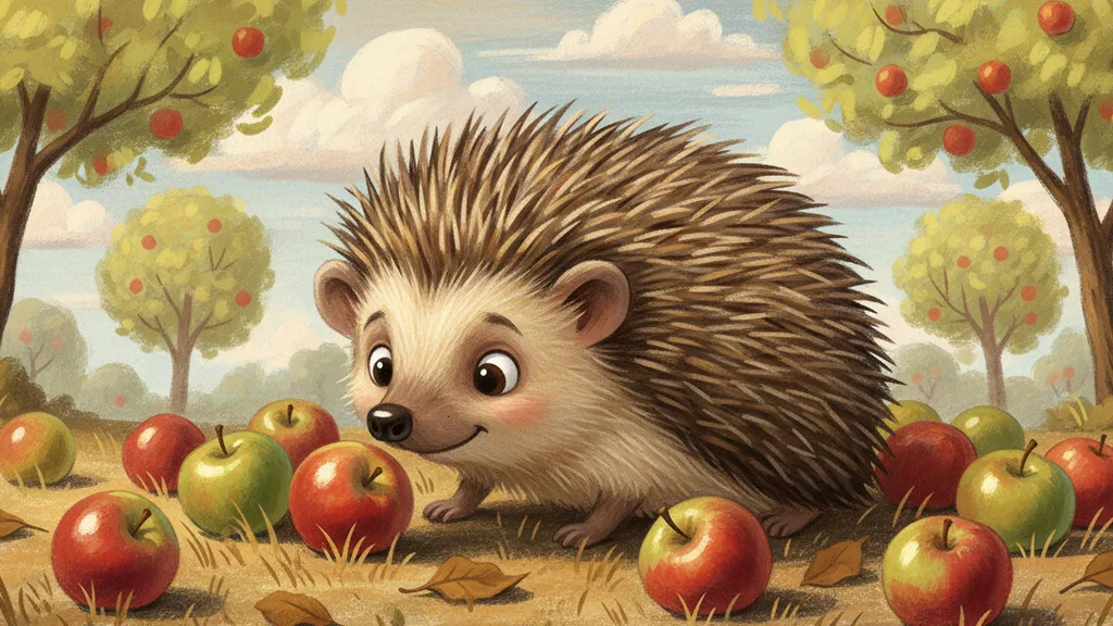 a hedgehog among fallen apples in an orchard