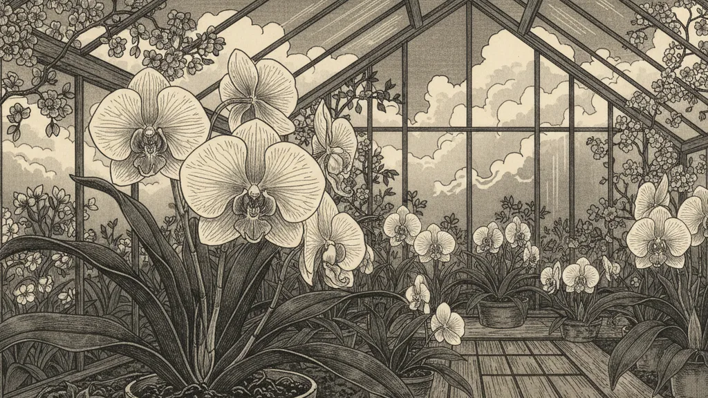 a moonlit greenhouse full of glowing orchids