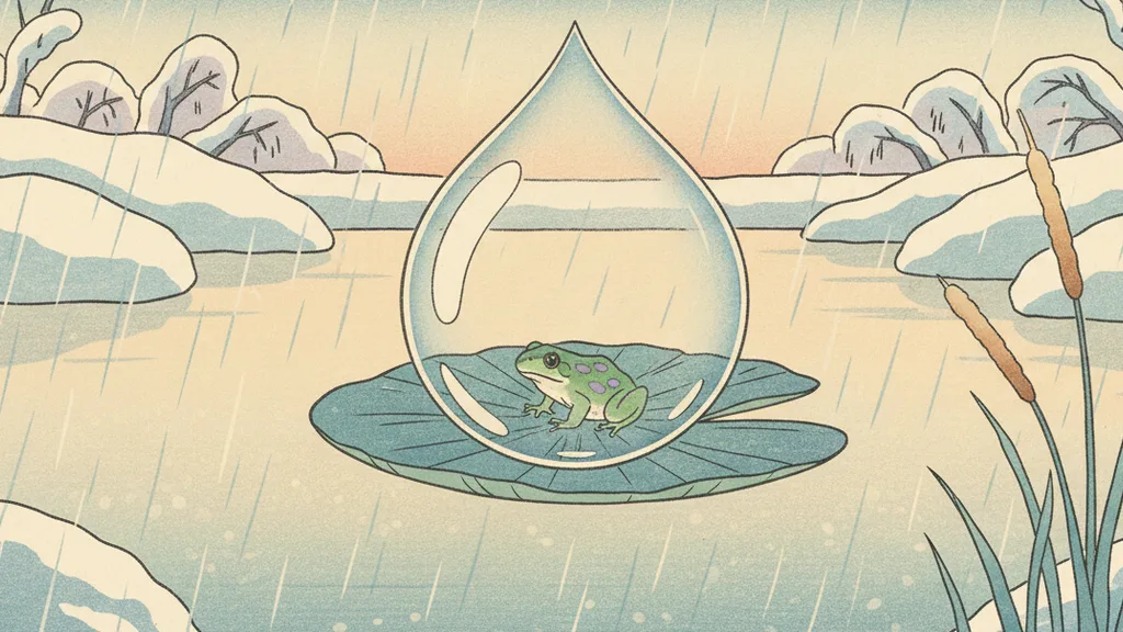 a tiny frog on a lily pad under a huge raindrop