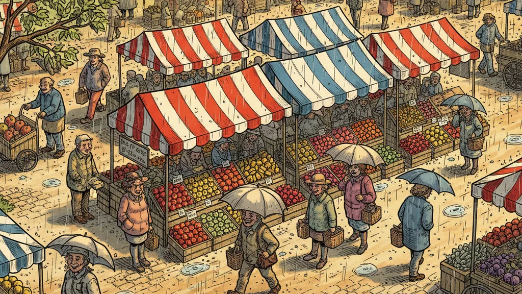 a bustling farmers market with striped awnings and stacked fruit, lively and playful