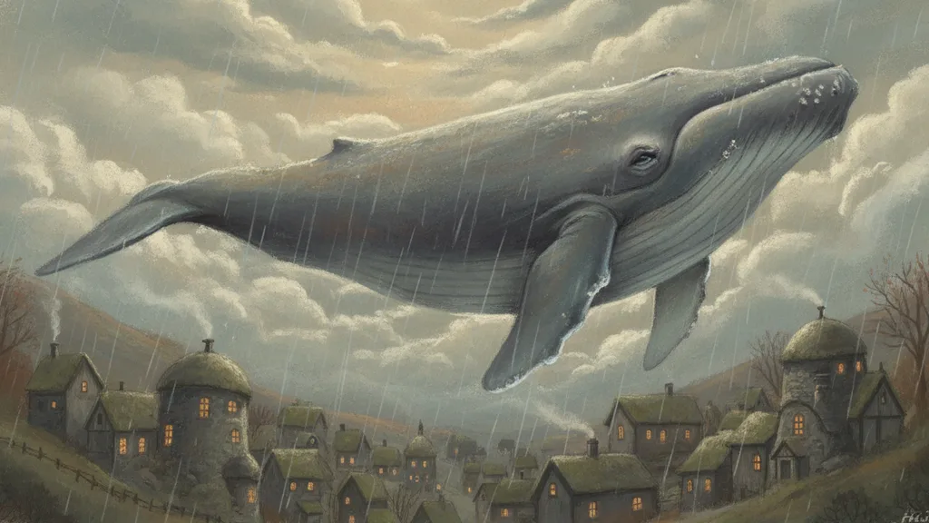 a whale swimming through clouds above a sleeping town, dreamlike and soft