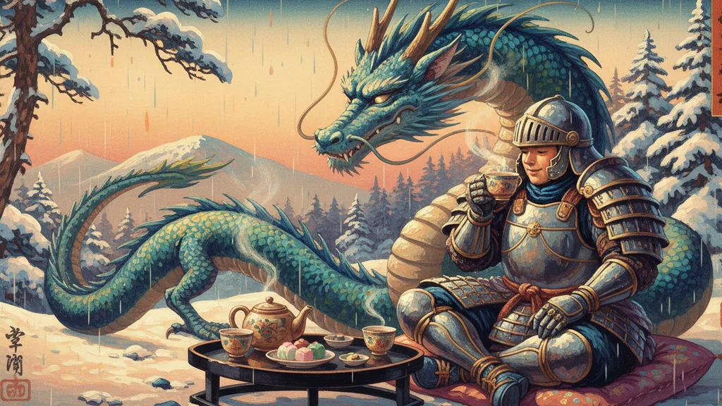 a knight and a dragon sharing tea