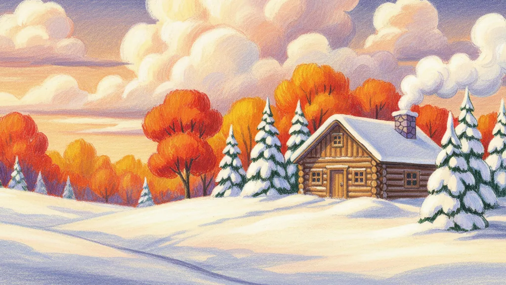 a log cabin in deep snow with pine trees and woodsmoke, still and serene