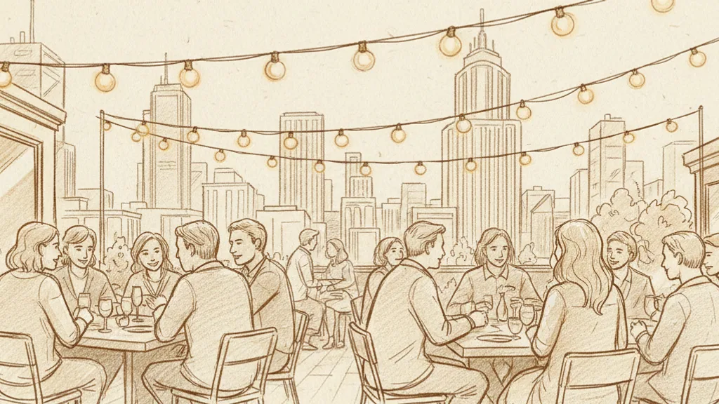 a rooftop party with string lights and a city skyline