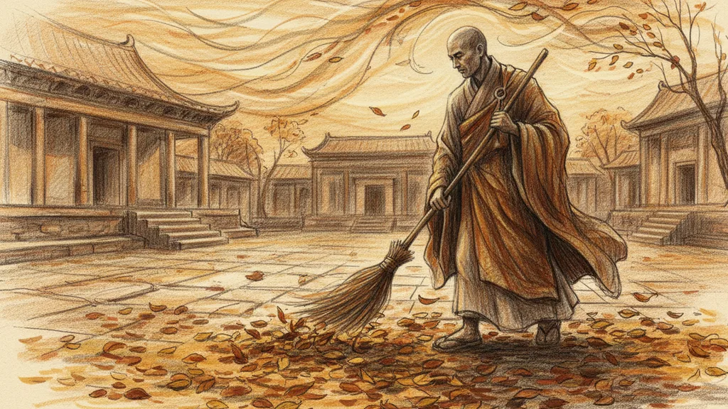 a lone monk sweeping a temple courtyard in autumn